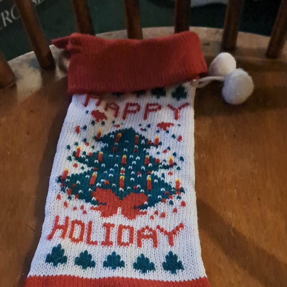 Red and White Happy Holiday Stocking Christmas tree candles bow